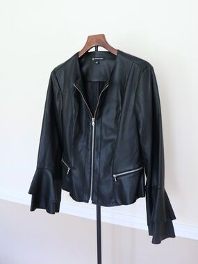 INC International Concepts Black Faux Leather Ruffle-Sleeve Zip Jacket